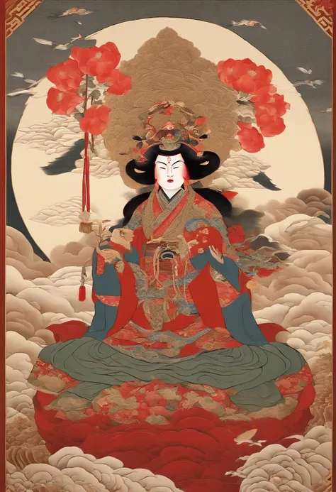 Japan myths,Tengu Warrior, Tengu Japan Kannon, Inspired by India, Sugasa,Sugasa hat, Red Mask, long snout, Nose together, serene expressions, shui mo hua, lotuses, chinese painting style, Thangka style