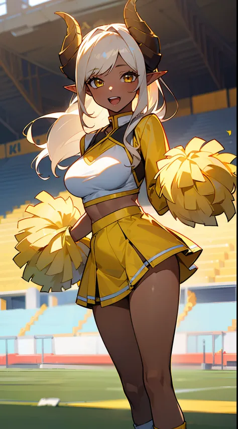 (Original Character,8k, Masterpiece, Best Quality,Detailed, solo),1girl,(brown skin), medium breasts,long hair,yellow eyes,white hair,horns,elf ears,(Cheerleader yellow outfit, holding yellow pompoms, standing in a school stadium),happy,teeth,