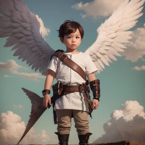 Cute baby boy cupid with big wings. standing among cotton clouds. Digital painting, artstation, concept art, soft focus, sharp, illustration.