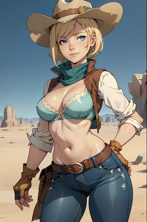 1girl, cowboy hat, white bra, green vest, no sleeves, navel, blue jeans, brown boots, fingerless gloves, short gloves, slight smile, short hair, blonde hair, parted bangs, blue eyes, slight freckles, sensual pose, wide hips, wild West background, sunny des...