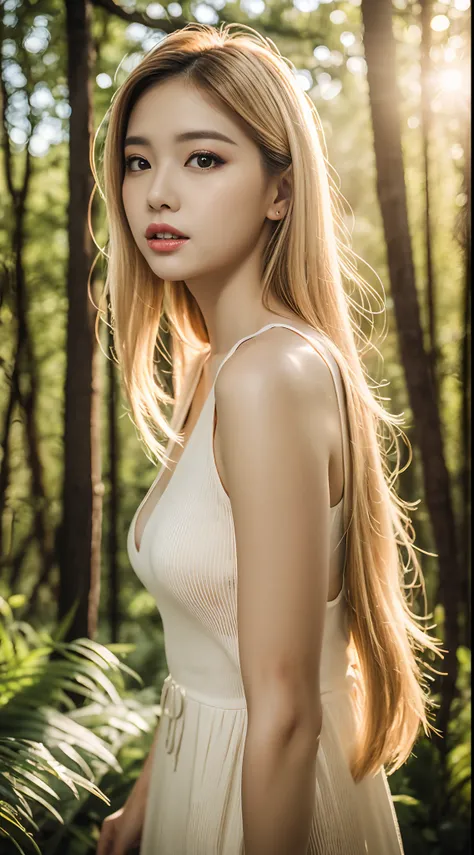 closeup portrait, Sexy SS blonde hair, Parted lips, Lips, Casual dress, Looking at Viewer, Forest background, sunset light, Realistic