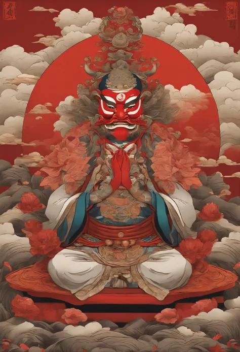 Japan myths,Tengu Warrior, Tengu Japan Kannon, Inspired by India, Sugasa,Sugasa hat, Red Mask, long snout, Nose together, serene expressions, shui mo hua, lotuses, chinese painting style, Thangka style