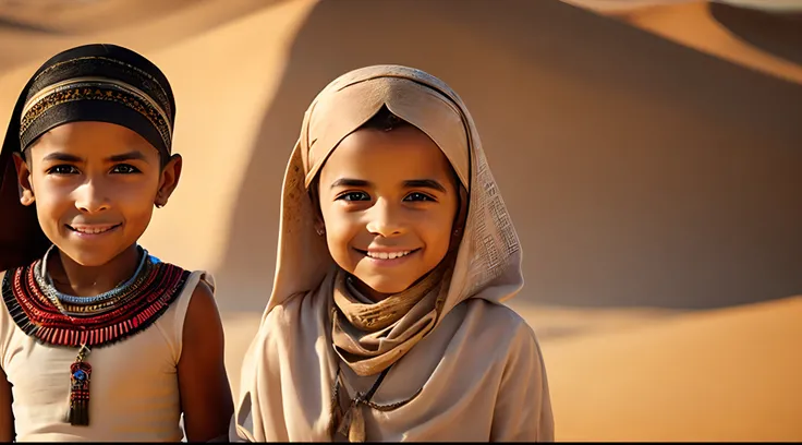 Two children a cute Egyptian girl and boy looking straight ahead, com sorriso na cara, imagem meio corpo, realista, Kinematic, com fundo do deserto! Com qualidade 4k