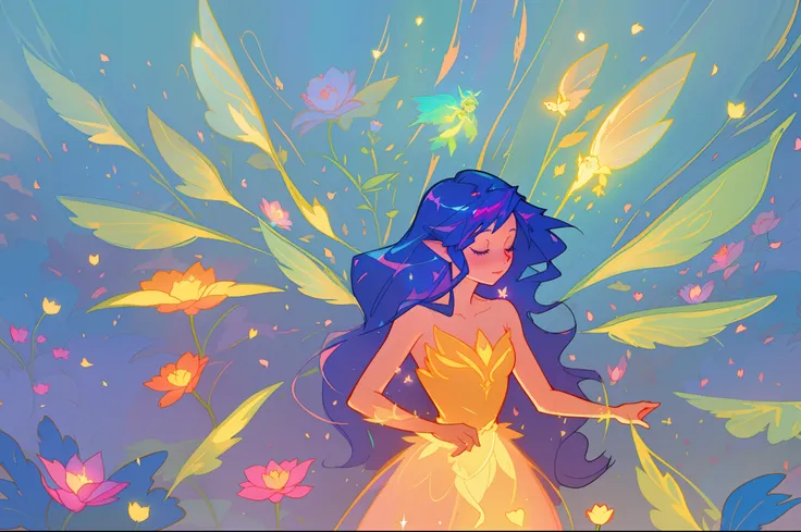 beautiful girl in flowing dress, (glowing fairy wings), glowing flowing ballgown, long wavy hair, sparkling fairy wings, watercolor illustration, flowers and colorful plants, inspired by Glen Keane, inspired by Lois van Baarle, disney art style, by Lois va...