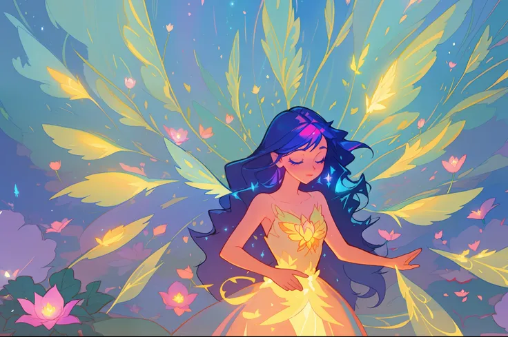 beautiful girl in flowing dress, (glowing fairy wings), glowing flowing ballgown, long wavy hair, sparkling fairy wings, watercolor illustration, flowers and colorful plants, inspired by Glen Keane, inspired by Lois van Baarle, disney art style, by Lois va...