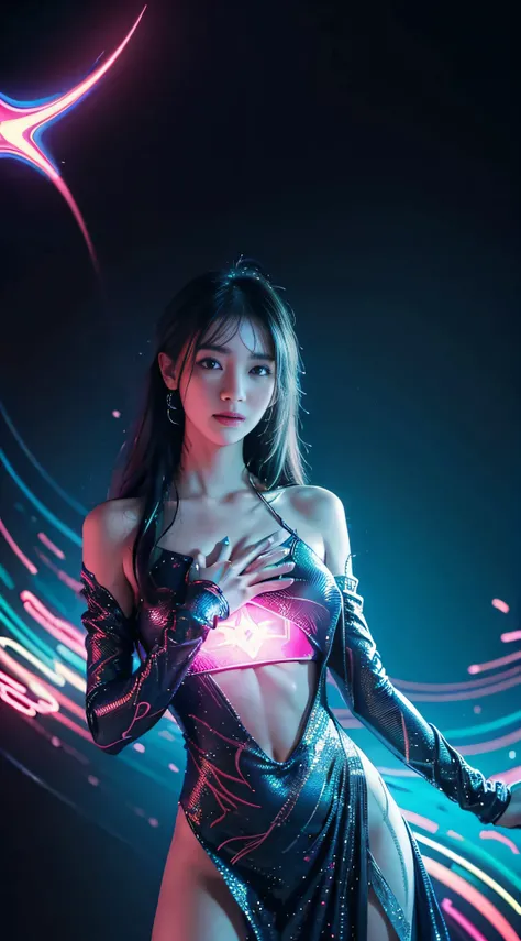 (Masterpiece, Top quality, Best quality, offcial art, Beautiful and aesthetic:1.2), (1girll:1.3), Extremely detailed,(Fractal art:1.2),Colorful,highest details,( Zen neon lights:1.2), (Dynamic pose), (Abstract background neon lights:1.5), (Trident dress:1....