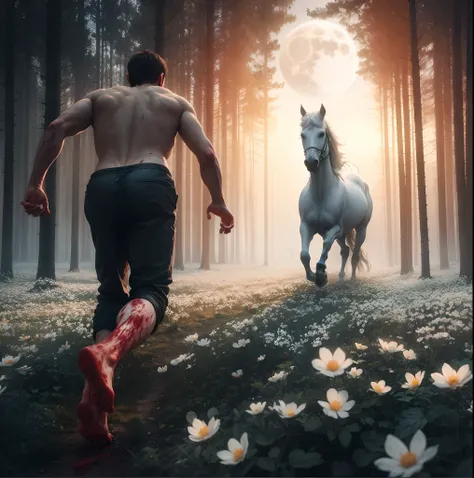 A barefoot man running after a horse, his feet covered in blood, in the middle of the forest, above the white flowers and the white horse, the moon and the sun at sunrise, a real scene.