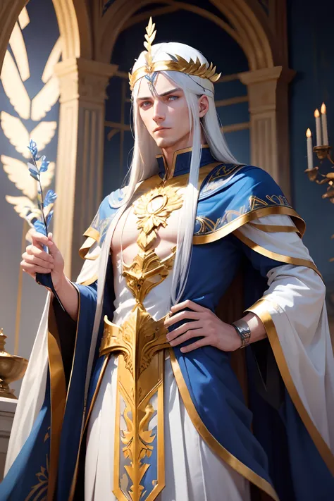 tall man, blue eyes, long platinum hair, god, golden laurel wreath on head, blue fire clothes