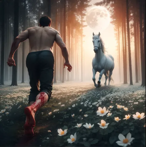 A barefoot man running after a horse, his feet covered in blood, in the middle of the forest, above the white flowers and the white horse, the moon and the sun at sunrise, a real scene.