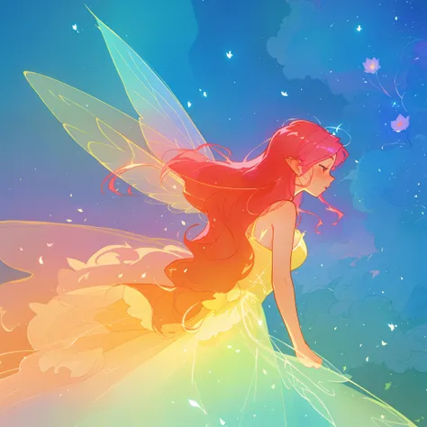 beautiful girl in flowing ballgown dress, (glowing fairy wings), glowing flowing ballgown, long wavy hair, sparkling fairy wings, watercolor illustration, flowers and colorful plants, inspired by Glen Keane, inspired by Lois van Baarle, disney art style, b...