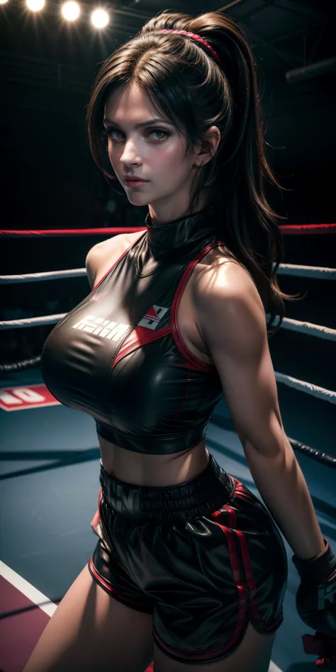 fcdetailportrait, raw photo of a beautiful denisemilani, wearingvolley_uniform, posing in a (bustling boxing indoor stadium crow...