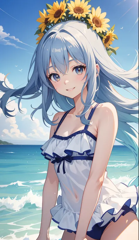 1girl in、AS-Adult、A smile、sea side、suns、the wind、Cute swimsuit、Upper body portrait、