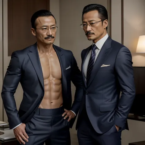 45 yers old，Hidetoshi Nakata ，（Kogoro Mouri 1.3），Two muscular men kneel，Naked upper body，Crotch contour，with mustache，tmasterpiece，k hd，Business suit，greys