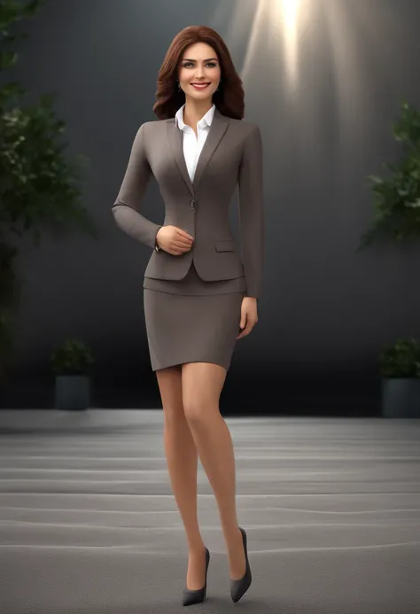 Dressed in a brown business suit、Neat and classy woman without tie。8K high definition、3D Animation Style、Dark gray background、Draw only the upper body of the character。No crumbling of the face、Hands and feet are not collapsed The expression is smiling