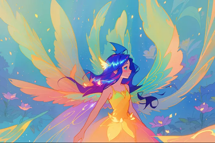 beautiful girl in flowing colorful dress, (glowing fairy wings), glowing flowing ballgown, long wavy hair, sparkling fairy wings, watercolor illustration, flowers and colorful plants, inspired by Glen Keane, inspired by Lois van Baarle, disney art style, b...