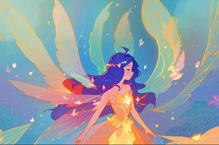 beautiful girl in flowing colorful dress, (glowing fairy wings), glowing flowing ballgown, long wavy hair, sparkling fairy wings, watercolor illustration, flowers and colorful plants, inspired by Glen Keane, inspired by Lois van Baarle, disney art style, b...