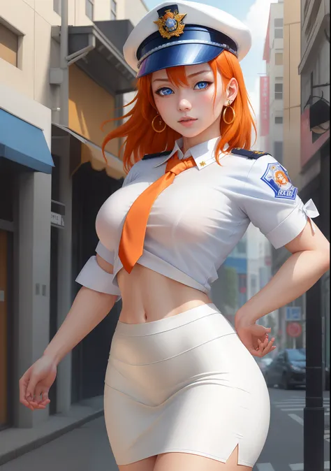 Masterpiece, best quality, detailed face, realistic art, kousaka honoka, blue eyes, orange hair, white shirt,half sleeves,earrings, dynamic pose, tight white low pencil skirt, midriff, necktie,  police cap,in street,looking at viewer, cowboy shot,(skin tig...