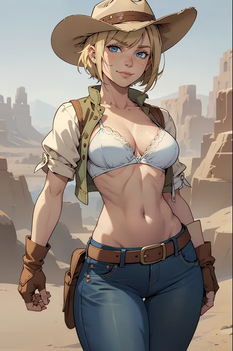 1girl, cowboy hat, white bra, green vest, no sleeves, navel, blue jeans, brown boots, fingerless gloves, short gloves, slight smile, short hair, blonde hair, parted bangs, blue eyes, slight freckles, sensual pose, wide hips, wild West background, sunny des...