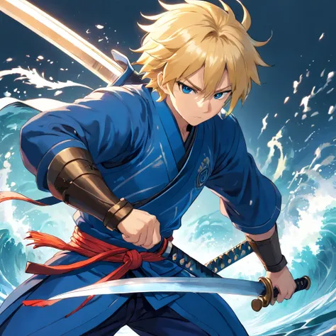 (best quality,ultra-detailed,realistic:1.37), anime, (blue samurai heavy armor,armor:1.1), (short blonde hair:1.1), (blonde beard:1.1), (katana:symbolic,shiny), (water:calm,reflective), (tsunami:ominous), (attacking:battle-ready,ferocious), (slash:powerful...