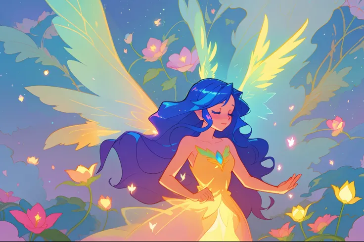 beautiful girl in flowing dress, (glowing fairy wings), glowing flowing ballgown, long wavy hair, sparkling fairy wings, watercolor illustration, flowers and colorful plants, inspired by Glen Keane, inspired by Lois van Baarle, disney art style, by Lois va...