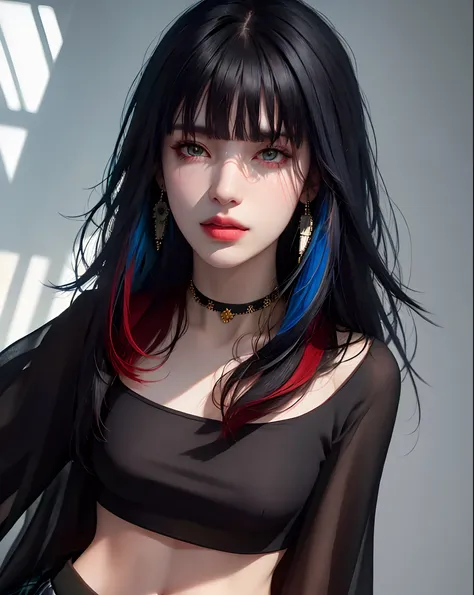 (masterpiece, best quality, 1girl, solo, intricate details, chromatic aberration), (realistic),(skin), ((breath)),(black hair,blunt bangs),detailed hair, red head ornament, blue highlights, hair over one eye,black eyes, small earrings, sharp eyes, choker,(...