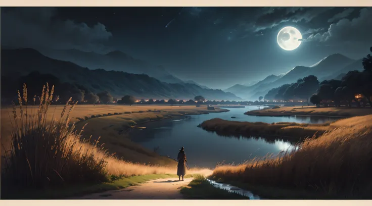 A field of reeds in a dark environment, foreground, There is a full moon in the sky. Behind you is a river flowing. A warrior wearing a Joseon Dynasty-style mask stands alone. The whole thing is dark and has a low-brightness blue glow.