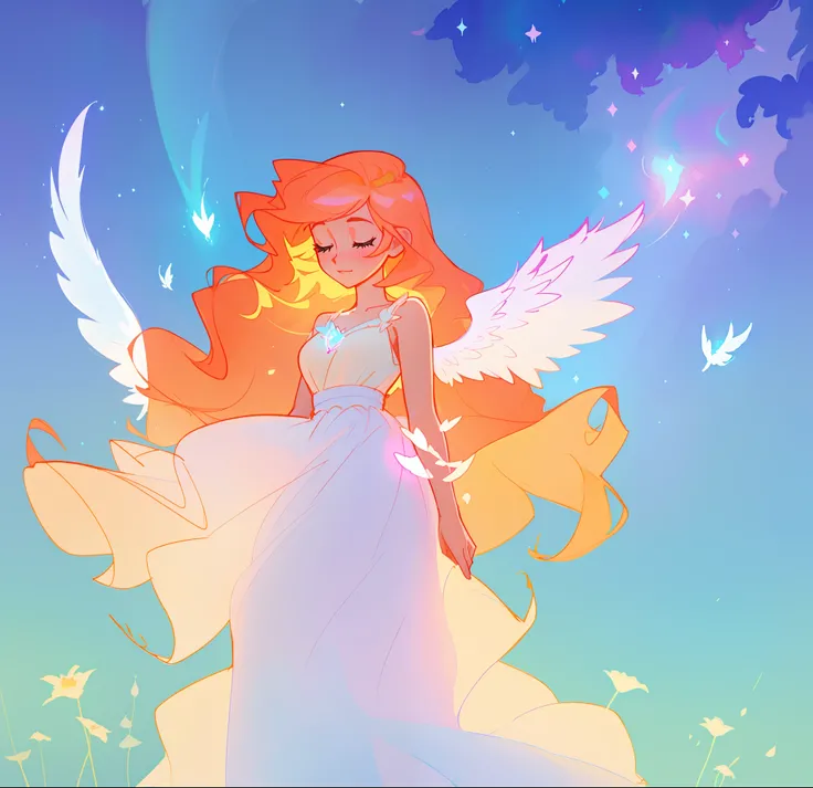 beautiful girl in flowing white dress, (glowing angel wings), glowing flowing ballgown, long wavy hair, sparkling angel wings, watercolor illustration, flowers and colorful plants, inspired by Glen Keane, inspired by Lois van Baarle, disney art style, by L...