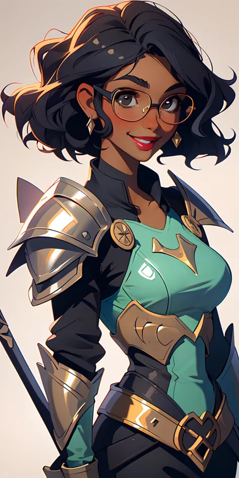 (masterpiece, top quality), 1 girl, collarbone, wavy hair, look at the beholder, dark skin, hair covering eyes, short hair, black hair, knight, armor, big breasts, smiling, glossy lips, lip stick, big breasts, glasses