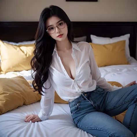 beautiful 19 year old, cotton transparent shirt and jeans, nsfw, cleavage, gorgeous face, full body snap, long black curly hair and specs, seductive, cute, lying on bed, camera 5 meters away