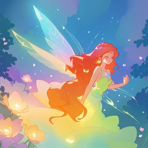 beautiful girl in flowing ballgown dress, (glowing fairy wings), glowing flowing ballgown, long wavy hair, sparkling fairy wings, watercolor illustration, flowers and colorful plants, inspired by Glen Keane, inspired by Lois van Baarle, disney art style, b...