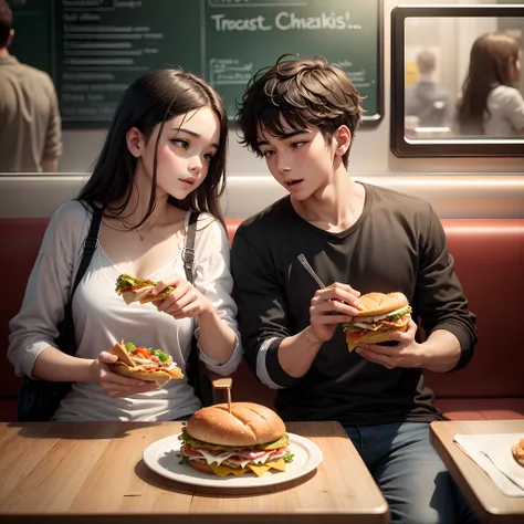 Imagine a scene of young couple sitting in a Subway restaurant, eagerly taking a bite of his freshly-made sandwich. Describe the boys expression and the delicious ingredients inside the sandwich