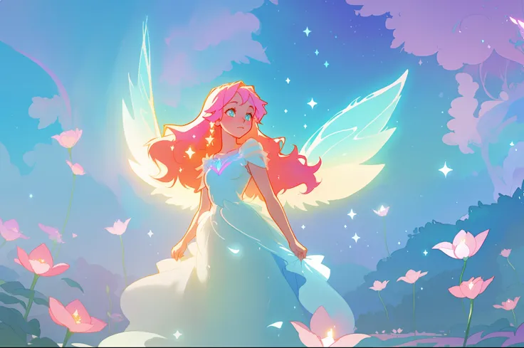 beautiful girl in flowing white dress, (glowing fairy wings), glowing flowing ballgown, long wavy hair, sparkling fairy wings, watercolor illustration, flowers and colorful plants, inspired by Glen Keane, inspired by Lois van Baarle, disney art style, by L...