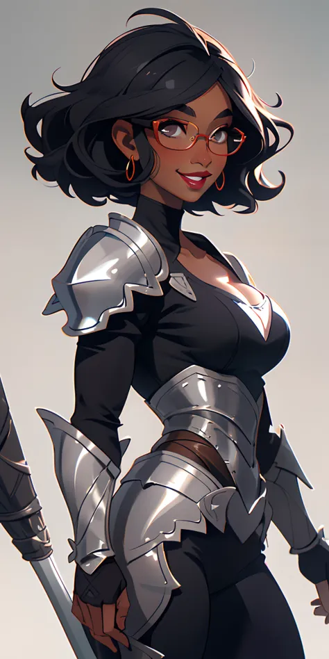 (masterpiece, top quality), 1 girl, collarbone, wavy hair, look at the beholder, dark skin, hair covering eyes, short hair, black hair, knight, armor, big breasts, smiling, glossy lips, dark lip stick, big breasts, glasses, thicc, curvy, slightly chubby, a...