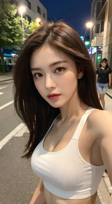 ((Realistic lighting, Best quality, 8K, Masterpiece: 1.3)), Clear focus: 1.2, 1girl, Perfect Figure: 1.4, Slim Abs: 1.1, ((Dark brown hair)), (White crop top: 1.4), (Outdoor, Night: 1.1), City streets, Super fine face, Fine eyes, Double eyelids,