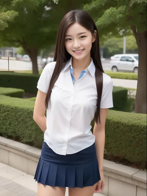 Beautuful Women、18year old 、FULL BODYSHOT、School route、female students、A smile、a miniskirt