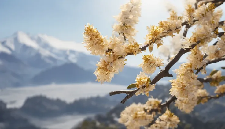 Laurel branches，Shot at a 15-degree elevation angle for medium and close ranges，petals，Osmanthus flowers flying，Top daylight，Refreshing style，Snowy mountains in the distance，Ultra-clear image quality