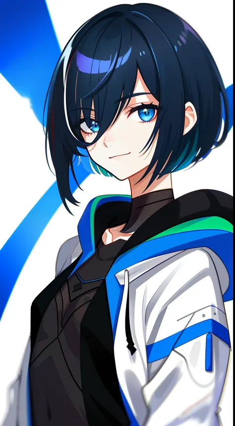 Colorful, High quality, sharp, autofocus, Looking at Viewer, 1girl in, Cool, Handsome, Blue eyes, Evil smile, (Blue and black mesh hair), short-cut, a pixie cut, hair over eyes, hair between eye, Wearing a white hoodie, Upper body, ((with a pure white back...