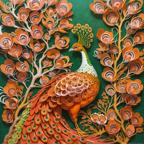 Paper Cuttings style:Orange-red peacock，There are flowers on the branches, beautiful and graceful, Beautiful and elegant, Detailed beautiful tail,