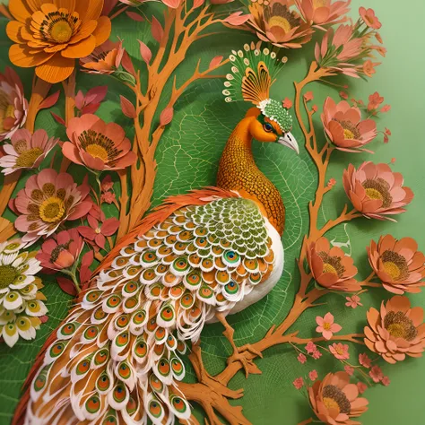 Paper Cuttings style:Orange-red peacock，There are flowers on the branches, beautiful and graceful, Beautiful and elegant, Detailed beautiful tail,