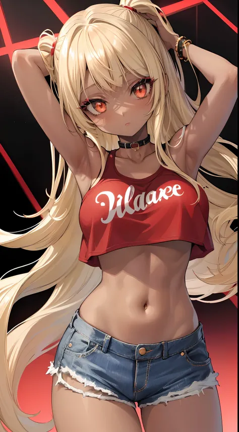 masterpiece, best_quality, 1girl, dark-skinned_female, blonde_eyes, red_eyes, large_breasts, gyaru, makeup, shorts, denim_shorts, crop_top, navel, midriff, toned, (abs:0.8),