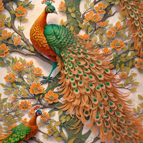 "(best quality,ultra-detailed,photorealistic:1.37),paper-cut style:orange and red peacock,blossoms on tree branches"