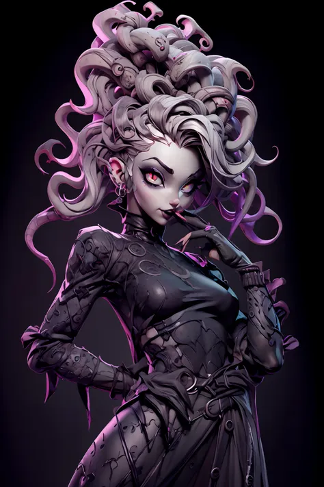 1girl, medusa, dark makeup, smoke eye makeup, fangs, portrait, glowing eyes,