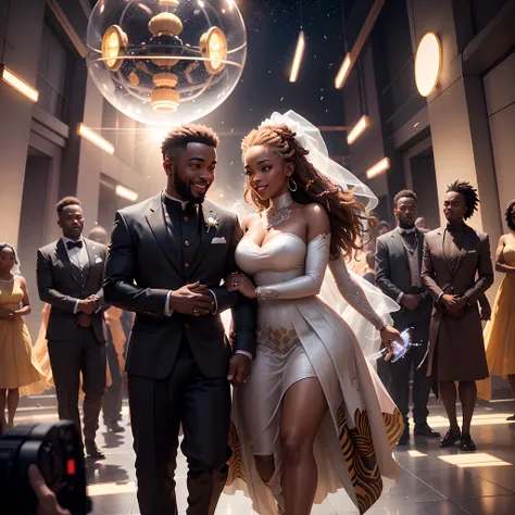 Wide angle shot of a happy Black man dressed in African designed clothes and happy black woman dressed in african designed clothes getting married, with celebrating congregation in the background, standing on a reflecting ground surface, under a mechanical...