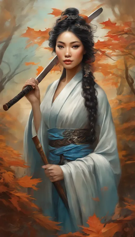 Cara azul y cabeza cyan，Asian woman holding a katana，autumn leaves， beautiful fantasy portrait, beautiful fantasy art portrait, Hermoso retrato surrealista, fantasy portrait, Fantasy Art Portrait, Detailed Matte Fantasy Portrait, portrait of a dark fantasy...