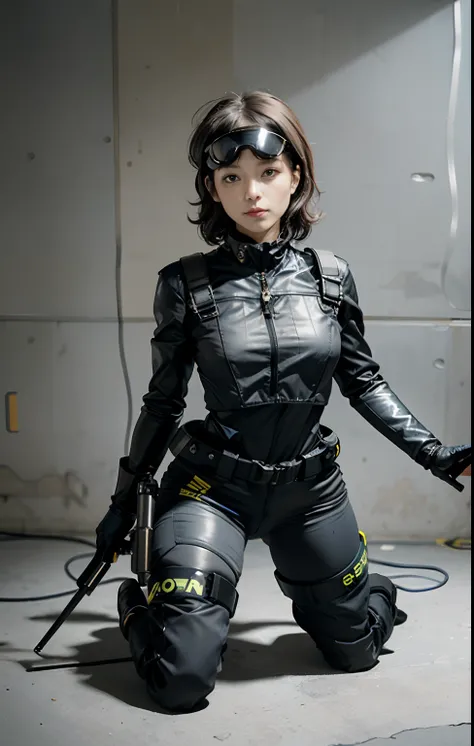 Highest image quality, outstanding details, ultra-high resolution, (realism: 1.4), the best illustration, favor details, highly condensed 1girl, with a delicate and beautiful face, ((full body)), (wearing racing suit likes police uniform, black and gray me...