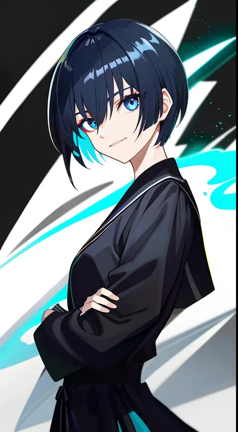 Colorful, masutepiece, High quality, sharp, autofocus, Looking at Viewer, 1girl in, Cool, Handsome, Blue eyes, Evil smile, Blue and black mesh hair, short-cut, a pixie cut, hair over eyes, hair between eye, Black clothes, robe, Upper body, Simple white bac...