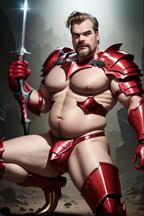 david harbour short hair gay bear beefy belly hairy body action pose wearing red metal briefs sexy armor holding a weapon