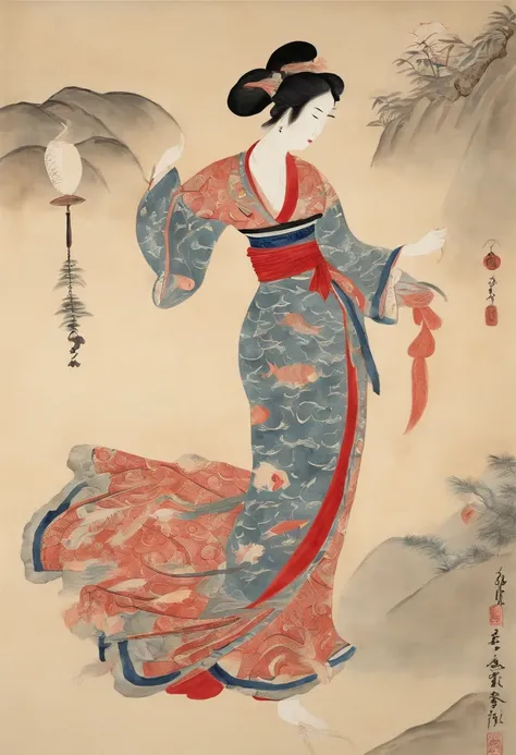 La mejor calidad, estilo de Kitagawa Utamaro, Ukiyo-e, Una mujer pelirroja bailando, (Pez koi flotante), carpa voladora