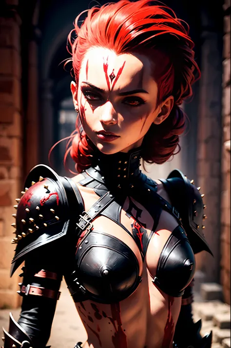 Femme aux cheveux roux, hair tied up, tatouage sur le visage, Black and red studded leather armor, Blood on armor, Best quality, Bloody landscape, dark and disturbing, dramatic lighting