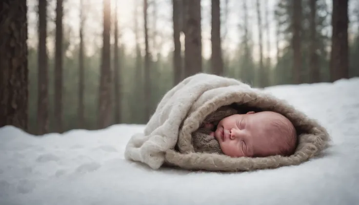 medieval Hungary, newborn baby lies wrapped in wool and fur at the edge of the forest, snow, night, eerie, mystical, cinematic scene from film